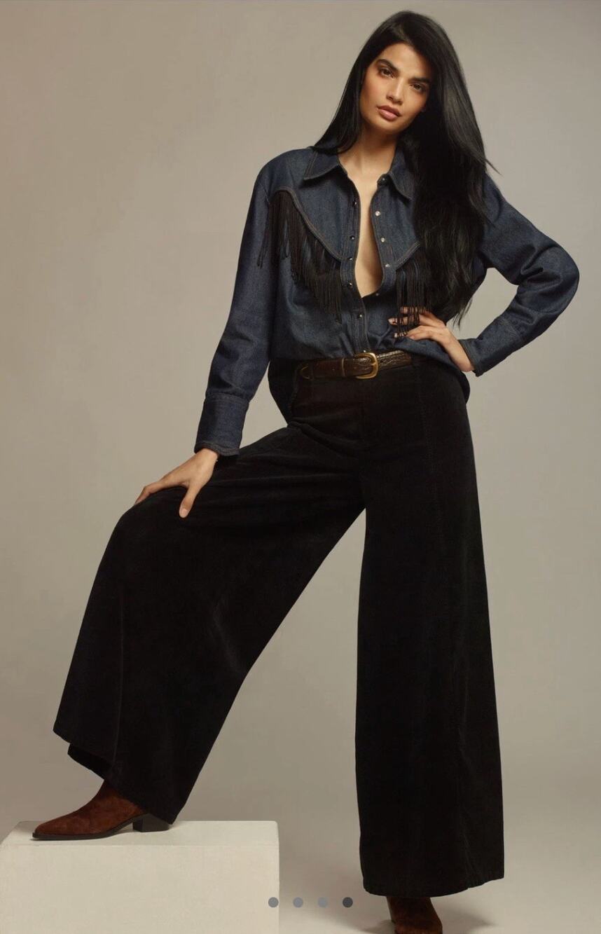 Anthropologie Womens 10 Black Shine Corduroy Palazzo Pants Boho Chic NEW